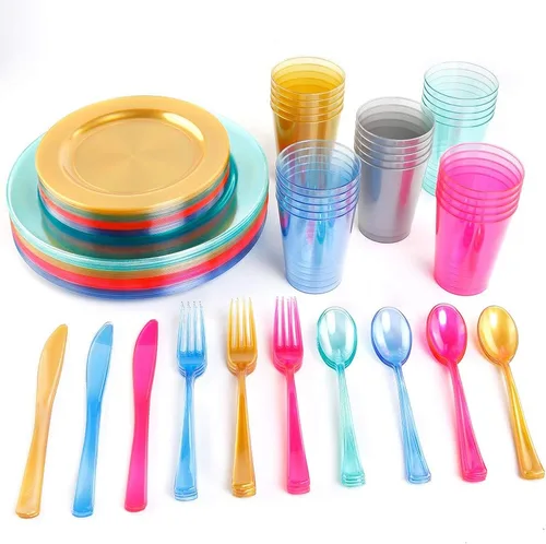 Miniatura 3 de WDF 25 platos azules para invitados con cubiertos desechables y vasos azules, vajilla de plástico transparente neón incluye 25 platos de cena