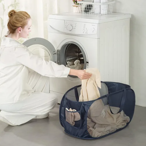 Miniatura 2 de HONOMA Cesta de malla resistente para lavandería, cesta desplegable con bolsillo lateral para cuarto de servicio, baño, habitación de los niños, Gris