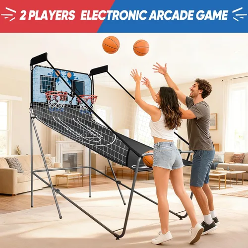 Miniatura 3 de Nova Microdermabrasion Juego de arcade de baloncesto plegable para interior, tiro doble, 2 jugadores con 4 bolas, marcador electrónico y bomba