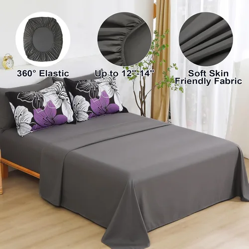 Miniatura 6 de Luxudecor Juego de edredón floral tamaño King, 7 piezas de cama en una bolsa, juego de edredón floral morado y sábanas, juegos de cama completos