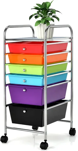 Miniatura 11 de Happygrill Carrito organizador de 6 cajones, carrito de almacenamiento móvil con cajones extraíbles y ruedas con cerradura, carrito de Transparente