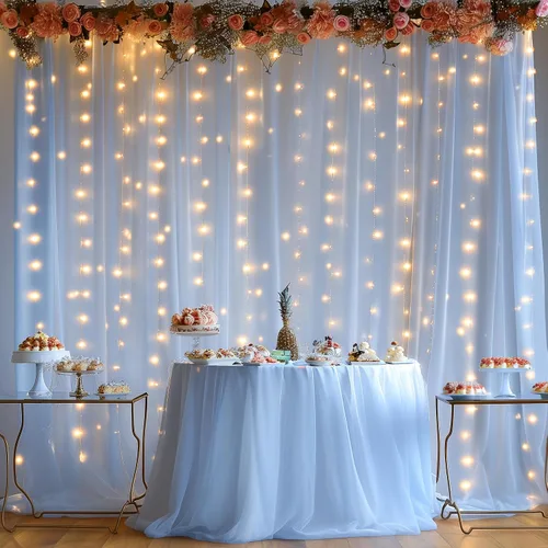 Miniatura 4 de Cortina de telón de fondo de tul azul bebé de 10 x 8 pies con cadena de luces para fiestas, cortinas de fondo transparentes para bodas, baby shower