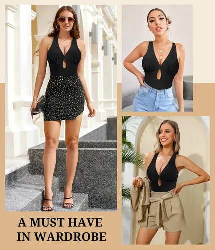 Miniatura 7 de CtriLady Leotardo sin mangas para mujer, espalda descubierta, cuello cuadrado, doble línea, ajustado, overol con tanga, ropa de club