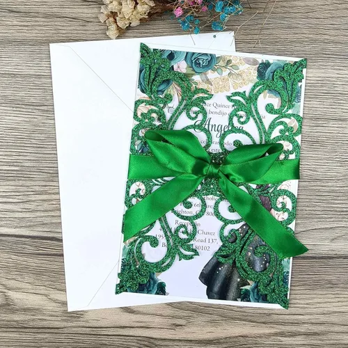 Miniatura 2 de 25 piezas de tarjetas de invitaciones de boda cortadas con láser con purpurina verde con sobres, hojas interiores en blanco, cintas