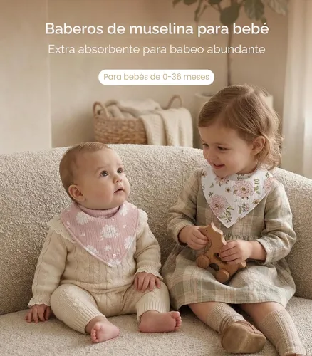 Miniatura 3 de Baberos de muselina para bebé 8 unidades, Babero tipo bandana para babeo y dentición, Algodón suave absorbente para niñas y niños Jardín