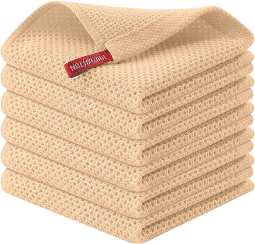 Kitinjoy - Paños de cocina de 100 % algodón (12 x 12 pulgadas, albaricoque), paquete de 6 paños de cocina de tejido gofrado ultra suaves,