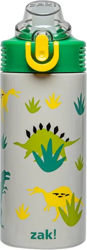 Zak Designs Sage Kids - Botella de agua para la escuela, viajes o en casa, botella de agua de acero inoxidable de 14 onzas con pajilla, asa y tapa