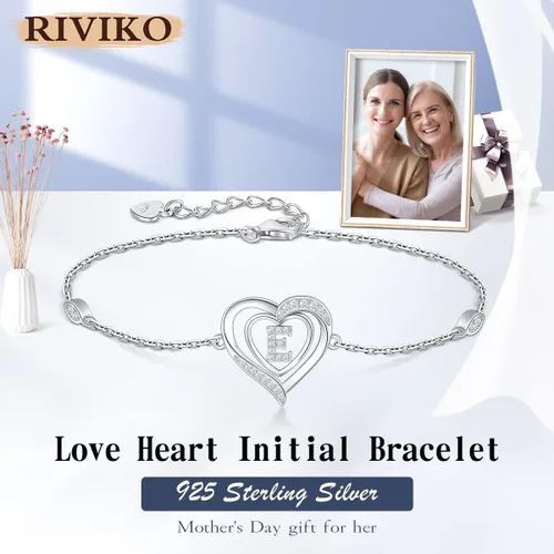 Miniatura 2 de RIVIKO Pulseras de Iniciales de Corazón para Mujeres, Pulseras de Letra de Plata de Ley 925, Joyería de Encanto Personalizado del Alfabeto para San