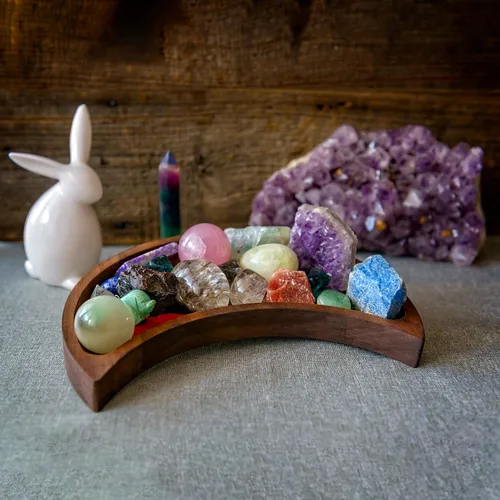 Miniatura 8 de Bandeja de luna creciente – Muestra tus gemas, piedras curativas y tesoros – Bandeja de exhibición de cristal de madera de 10 x 5 pulgadas, soporte