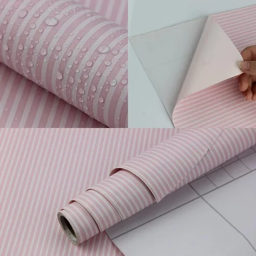 Miniatura 3 de 17.7" x 117" Papel tapiz de rayas rosa y blanco, autoadhesivo, removible, impermeable, decorativo, para forrar, cubrir y decorar paredes, gabinetes