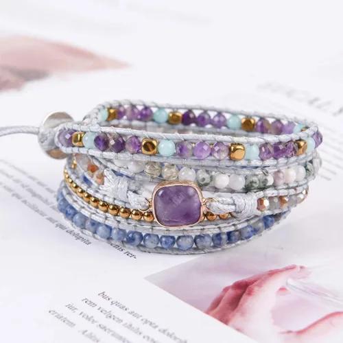 Miniatura 4 de YGLINE Pulsera de 5 envolturas de cera curativa con cuentas de piedra natural, Piedra