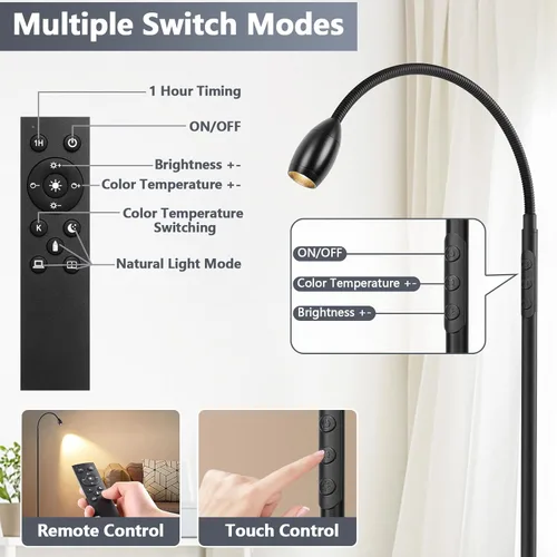 Miniatura 6 de Lámpara de pie de lectura, lámpara LED de 72 pulgadas de alto con cuello de cisne flexible, foco regulable con zoom, lámpara de pie de haz