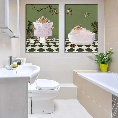 Miniatura 3 de 2 piezas de arte de pared de rana de baño, creatividad, estética, maximalista, verde, pósteres de imágenes de rana en la bañera, pintura en lienzo