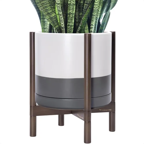 Miniatura 31 de D'vine Dev Maceta de cerámica con soporte de ébano – Maceta redonda moderna de 8 pulgadas con soporte para maceta de madera, color negro, 55-B-M-2