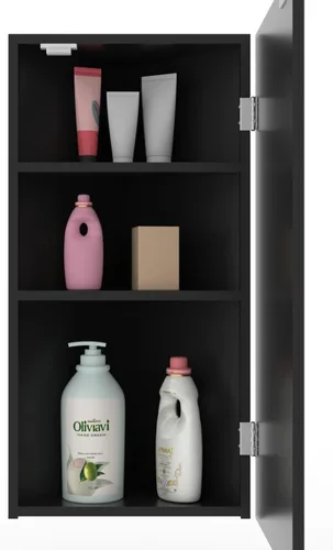Miniatura 4 de eclife Armario de medicina de esquina de baño de 24 pulgadas con espejo, gabinete de espejo de pared negro de una sola puerta, gabinete
