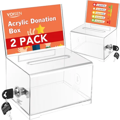 Miniatura 8 de VOISEN Caja de Donación Transparente con Cerradura, Caja de Votación con Soporte para Letreros, Cajas de Sugerencias para Recaudación de Fondos