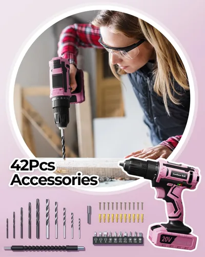 Miniatura 3 de Juego de taladro inalámbrico rosa, taladro eléctrico de 20 V para mujer, destornillador eléctrico ligero con paquete de energía y cargador