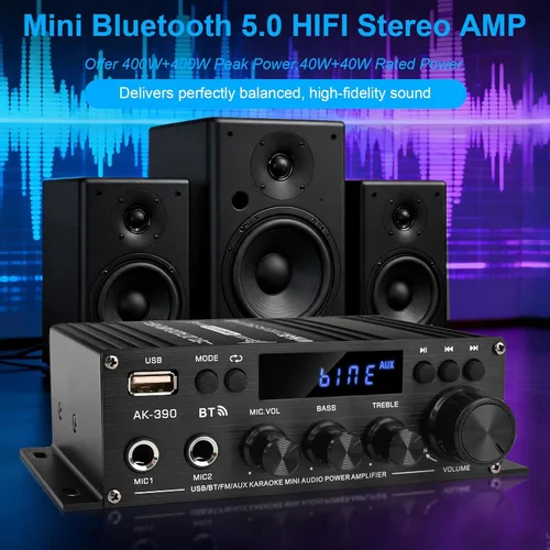 Miniatura 4 de Amplificador estéreo receptor de audio para el hogar AK-390, altavoz AMP Bluetooth 5.0 amplificador 400W+400W 2 canales con amplificador de potencia
