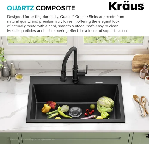 Miniatura 5 de KRAUS Quarza - Fregadero de cocina de granito de instalación empotrada/sobre encimera de un solo seno de 31 pulgadas en ónix negro, KGD-412B