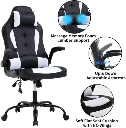 Miniatura 5 de Silla de juegos de oficina de carreras, silla de escritorio ejecutiva de respaldo alto con reposacabezas, soporte lumbar de masaje, color negro
