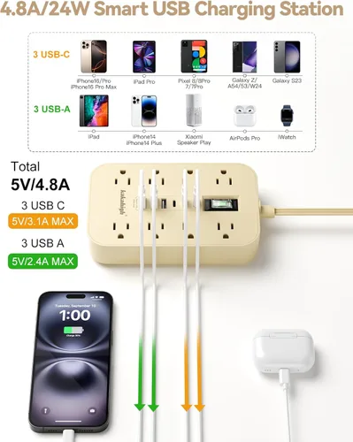 Miniatura 6 de Beige Power Strip with USB Ports - 5 FT Flat Extension Cord, 1625W Decorative Extension Cord with 8 AC Outlet 6 USB, Indoor Use for Beige Cream Desk