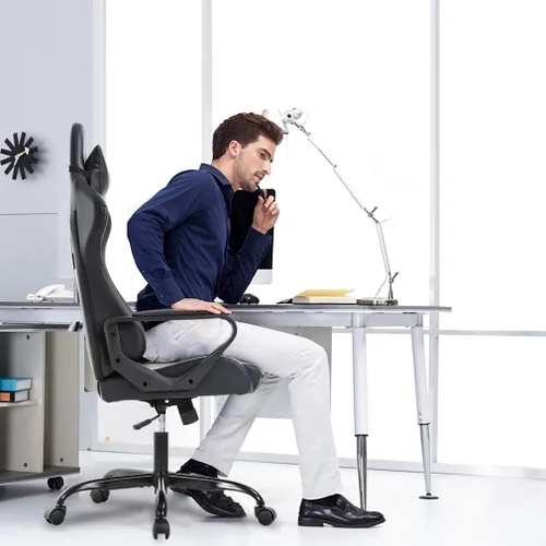 Miniatura 2 de Silla de oficina para videojuegos con brazos y apoyo lumbar, reposacabezas con respaldo alto, de piel sintética, silla de escritorio ergonómica