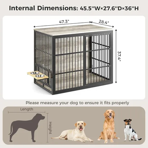 Miniatura 7 de Lyromix Mueble de jaula para perros XXL de 48 pulgadas con alimentador giratorio, mesa auxiliar de madera grande, jaula de interior resistente