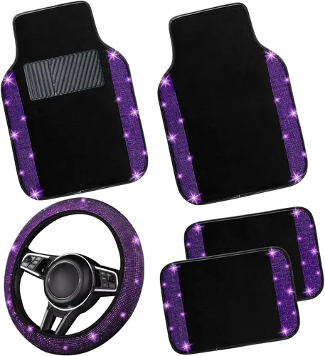 Miniatura 26 de NBTEPEM Juego completo de alfombrillas brillantes para piso de automóvil y funda para volante, ajuste universal para la mayoría de los automóviles