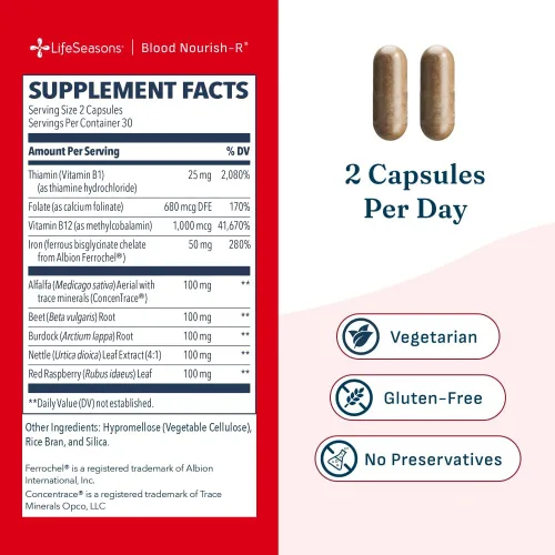 Miniatura 5 de LifeSeasons Blood Nourish-R - Suplemento para Deficiencia de Hierro - Apoya la Anemia, Fatiga, Palidez y Mareos - Sin Estreñimiento - Formación