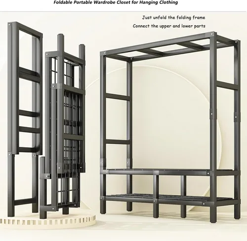 Miniatura 4 de Armario plegable portátil con ruedas, 2000 libras, perchero resistente con tapa, perchero de metal independiente para ropa, sistema