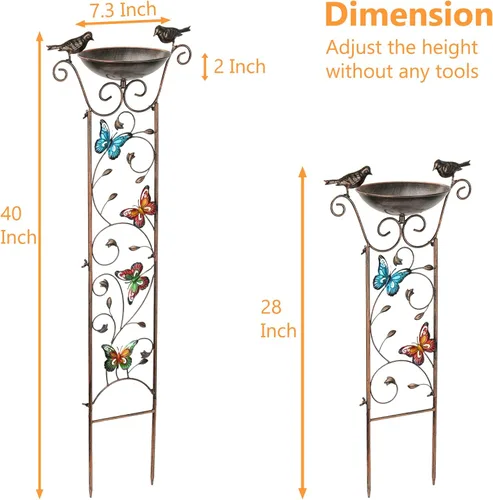 Miniatura 4 de SUNNYPARK Baño para pájaros con enrejado al aire libre, enrejado de hierro antiguo para jardín con mariposas decorativas, cuenco desmontable