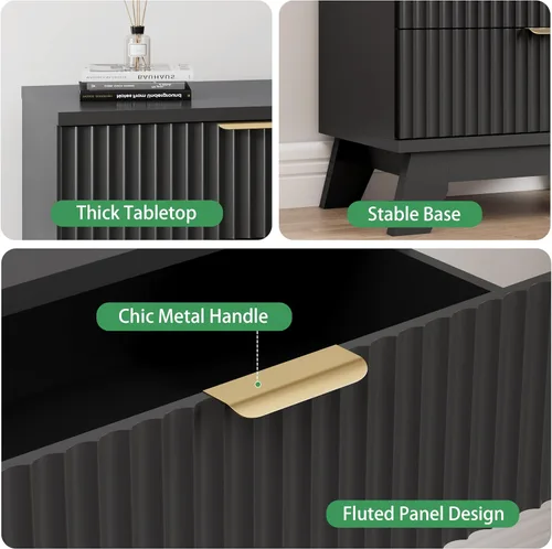 Miniatura 4 de Cómoda acanalada para dormitorio con 3 cajones, cómoda moderna de 24 pulgadas de ancho con mango de metal, soporte de TV de madera, armario de Negro