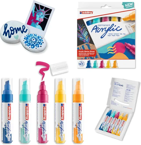 edding 5000 marcadores acrílicos anchos – amarillo, azul, rosa y turquesa – Paquete de 5 marcadores de pintura acrílica (abstracto) – Punta de