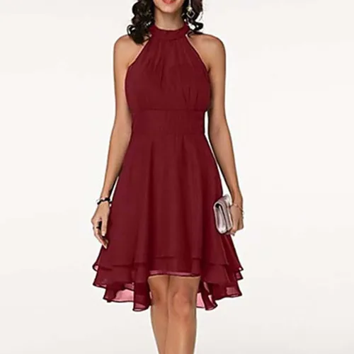 Miniatura 2 de MRGIINRI Vestido de verano bohemio para mujer, vestido sexy sin mangas, cuello halter, cintura elástica, con volantes, mini vestido con vuelo