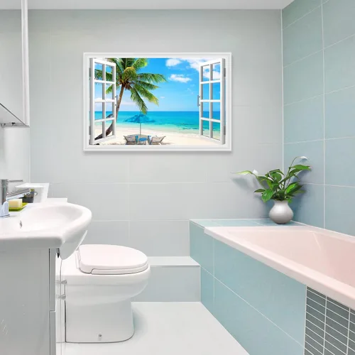 Miniatura 6 de Woxfcart Arte de pared de palmera de playa, imagen de escena del océano con impresiones de ventana para decoración de sala de estar azul y verde