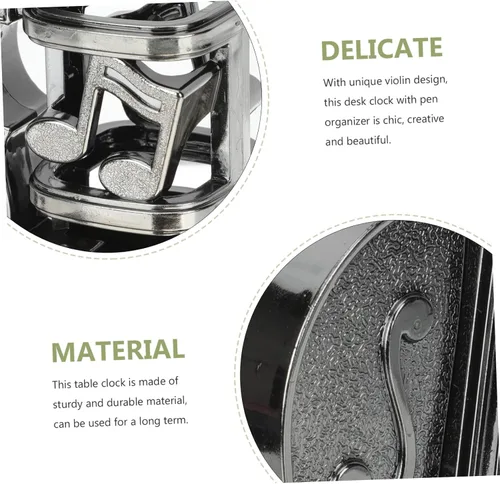 Miniatura 6 de BESTOYARD Reloj despertador de violín con soporte para bolígrafo, reloj de mesa analógico alimentado por batería, 8.66 x 5.90 x 1.96 pulgadas, 5.85