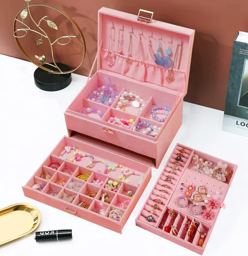 Miniatura 3 de QBestry Caja organizadora de joyas para mujer, caja de joyería de terciopelo rosa para collares y aretes, anillos, pulseras, joyero, organizador