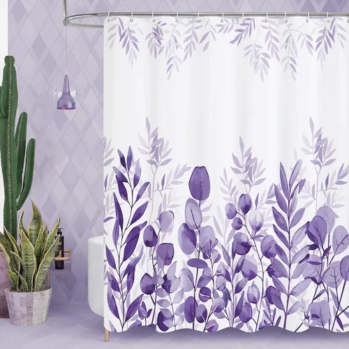 MitoVilla Cortina de ducha de eucalipto morado, cortinas de ducha de tela de hojas de plantas para decoración rústica de baño vintage, cortina de