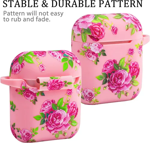 Miniatura 2 de LitoDream - Funda de silicona suave y flexible con llavero para cargador de Apple AirPods 2 y 1, para niñas (flores rosas y rojas)