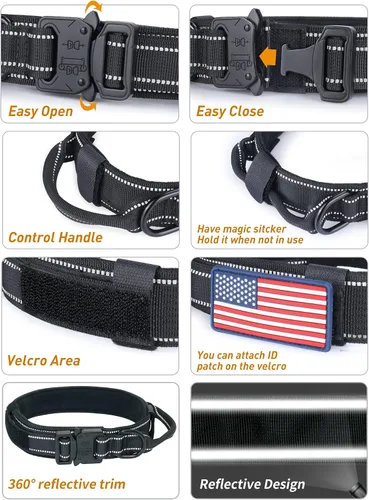 Miniatura 3 de AUBELL Collar táctico reflectante para perro, collares militares ajustables de servicio pesado K9 con asa y hebilla de metal de liberación rápida