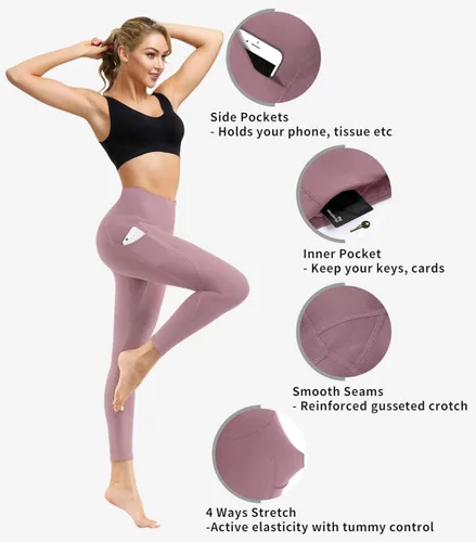 Miniatura 4 de Lingswallow - Pantalones deportivos de tiro alto para yoga, diseño elástico en 4 direcciones con control de abdomen y bolsillos, leggings