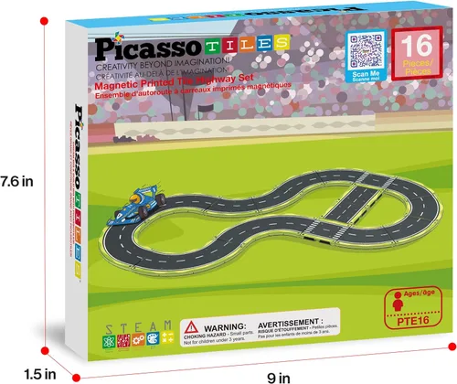 Miniatura 8 de PicassoTiles Azulejos Magnéticos de Construcción Pista de Autos Vehículo Magnético Tema de Aventura Calle Impresa Carretera Pista Autopista Bloque