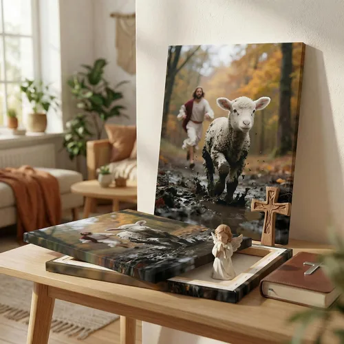 Miniatura 5 de Lienzo de Jesús corriendo tras cordero perdido, arte de pared de Jesús y cordero, póster de buen pastor cristiano, arte impreso para sala de Oveja
