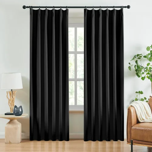 Jubilantex Cortinas opacas plisadas negras de 63 pulgadas, cortinas de lino sintético para dormitorio, sala de estar, casa rural, juego de cortinas