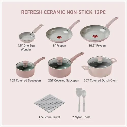 Miniatura 2 de T-Fal Refresh - Juego de utensilios de cocina antiadherentes de cerámica, juego de ollas y sartenes de cerámica de 12 piezas, apto para horno hasta