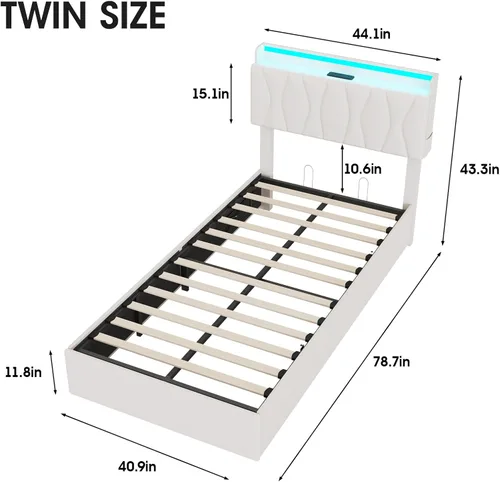 Miniatura 2 de Fameill Marco de Cama Twin con Almacenamiento Elevable, Cabecera Ajustable, Estación de Carga, Luces LED, Listones de Madera, Sin Ruido, No Requiere