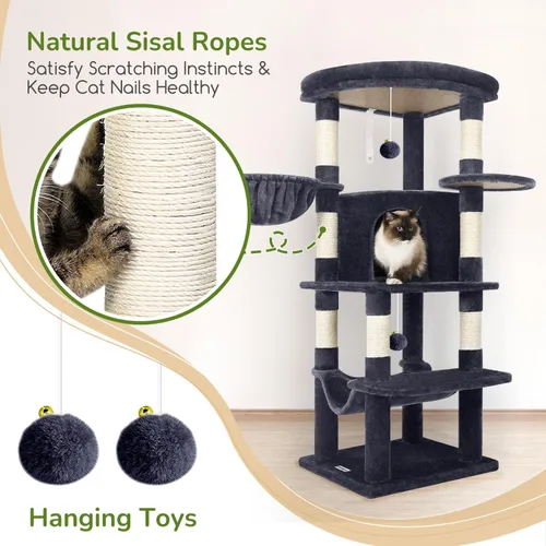 Miniatura 6 de Globlazer Torre esquinera para gatos de interior, torre de condominio de 51 pulgadas para gatos de varios niveles con hamaca grande, 7 postes