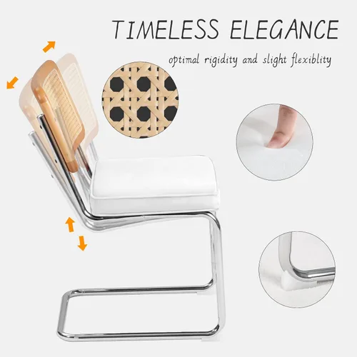 Miniatura 5 de Juego de 2 sillas de comedor de ratán, sillas modernas de mediados de siglo con patas cromadas de metal, sillas con respaldo de caña sin brazos