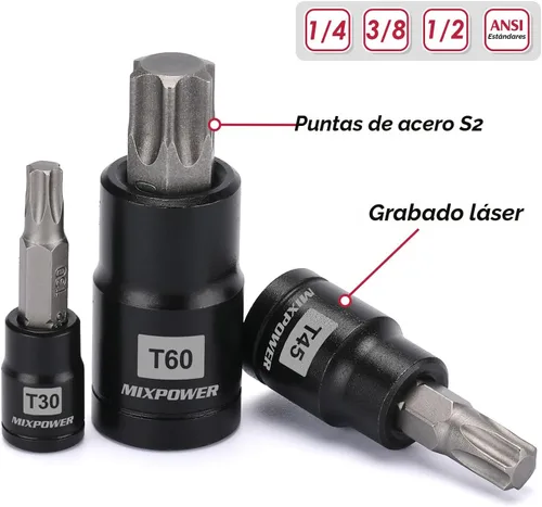 Miniatura 4 de MIXPOWER Juego de 25 puntas y dados Torx, 13 puntas de estrella (T8- T60) y 12 enchufes E-Torx (E4-E22), juego de mecánico de automóviles