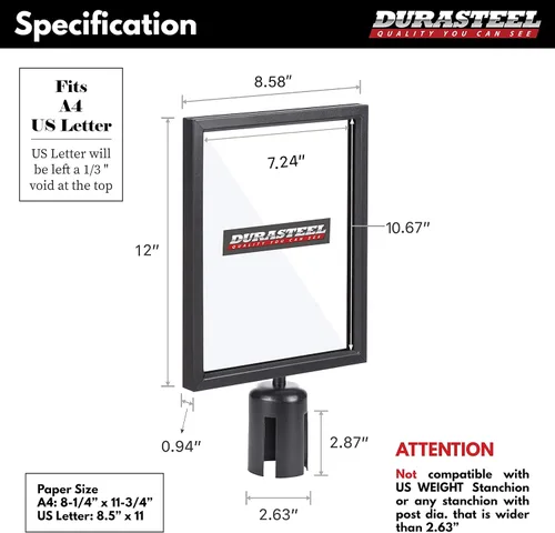 Miniatura 4 de DuraSteel Soporte de Letrero con Poste de Exhibición Vertical - Marco de Doble Cara para 8.5'' x 11'' - Control de Multitudes y Barrera de Cola